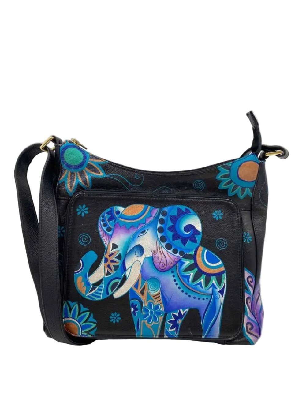 ANUSCHKA Black Painted Leather w/ELEPHANT Design Convert Shoulder/Crossbody Purs